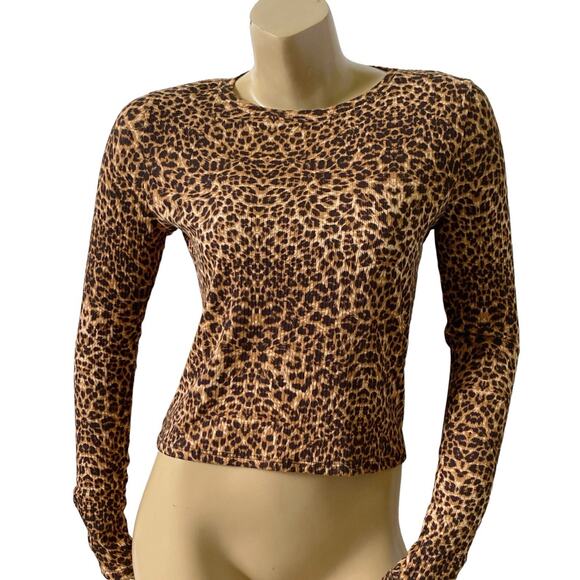 WINDSOR Womens Size Large Animal Print Long Sleeve Crew Neck Crop Top Shirt - Picture 1 of 7